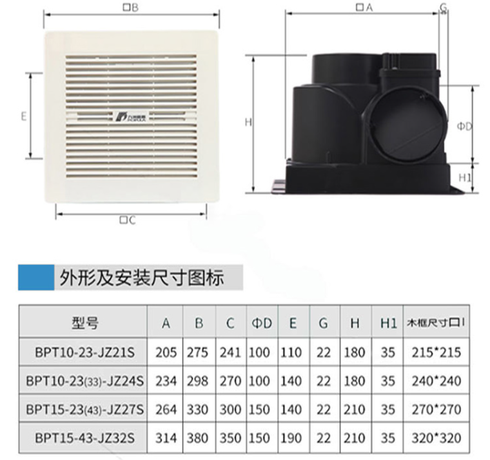九洲风机换气扇外形和安装尺寸